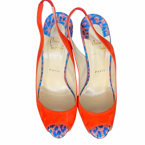 Christian Louboutin Red Suede Peep-Toe Platform Slingback with Blue Platform - Picture 2 of 7